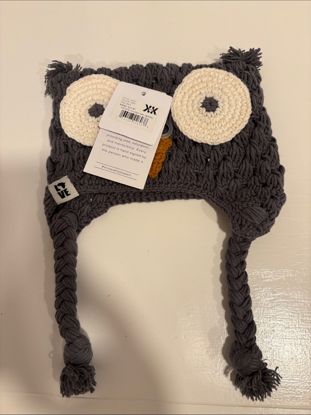 Krochet Kids Owl Hat - Grey HOOT XS/S zero-2yrs